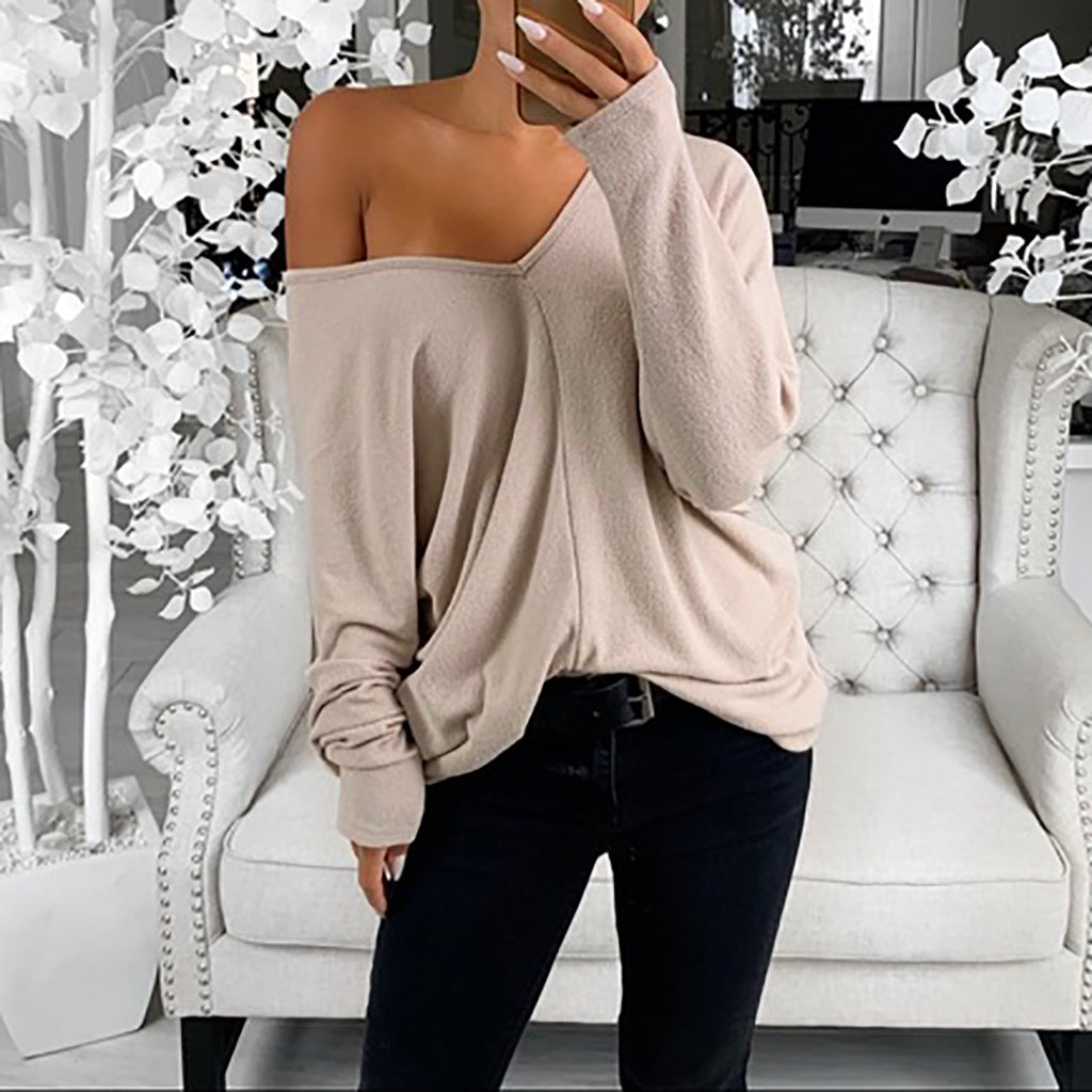 Simple big V-neck drop shoulder sleeve loose long-sleeved top