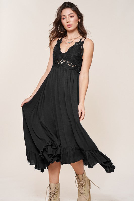 Boho crochet lace trim slip dress