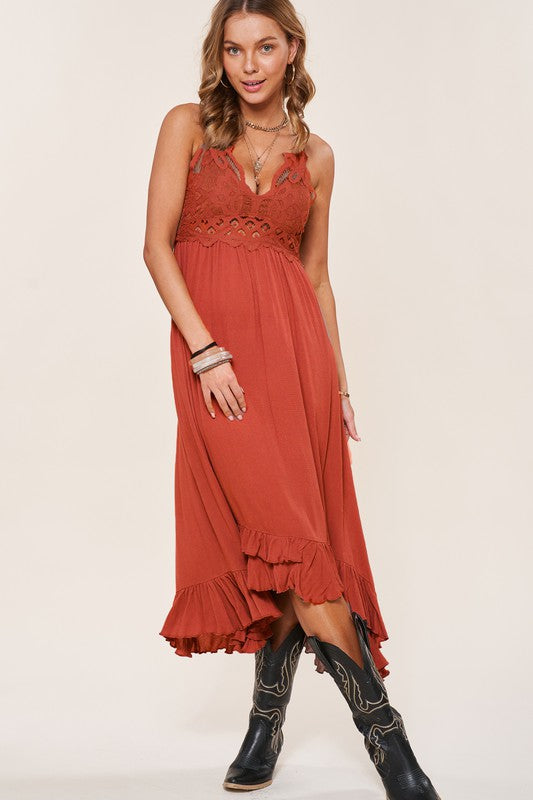 Boho crochet lace trim slip dress