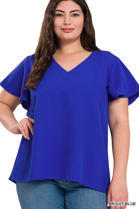 PLUS WOVEN FLUTTER SLEEVE V-NECK TOP