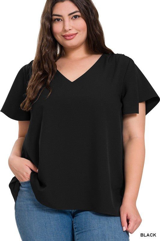 PLUS WOVEN FLUTTER SLEEVE V-NECK TOP