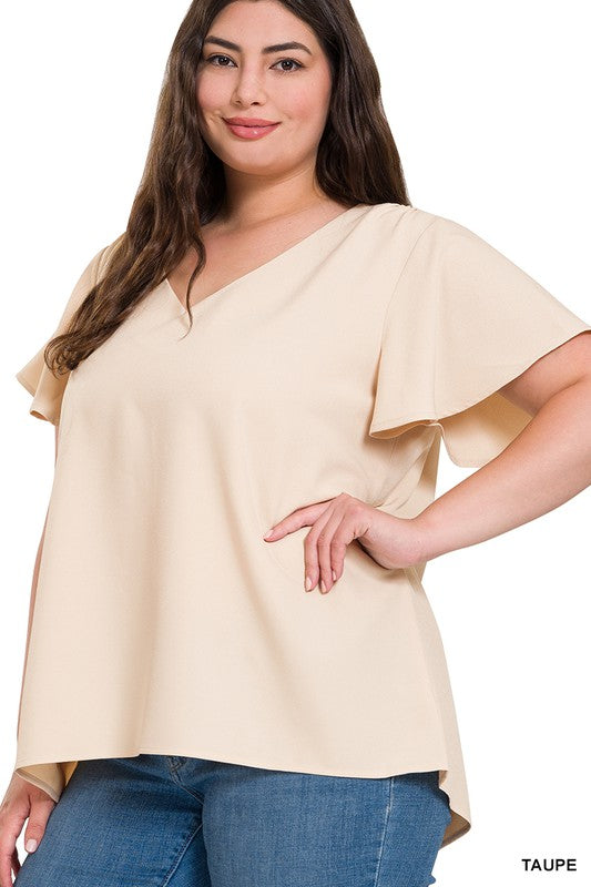 PLUS WOVEN FLUTTER SLEEVE V-NECK TOP