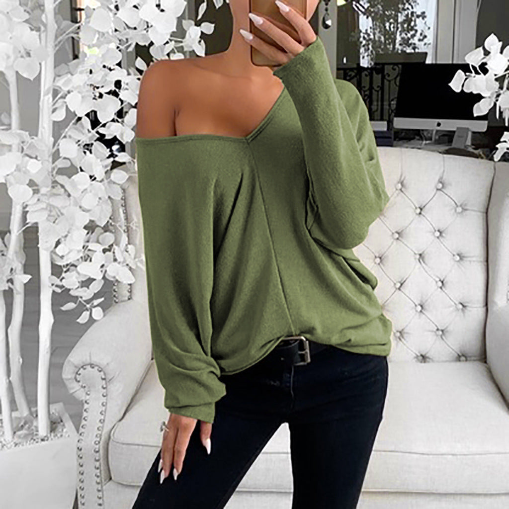 Simple big V-neck drop shoulder sleeve loose long-sleeved top