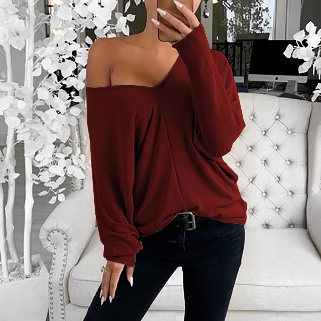 Simple big V-neck drop shoulder sleeve loose long-sleeved top