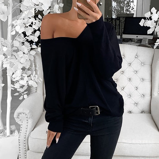 Simple big V-neck drop shoulder sleeve loose long-sleeved top