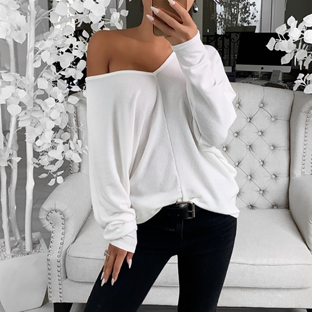 Simple big V-neck drop shoulder sleeve loose long-sleeved top