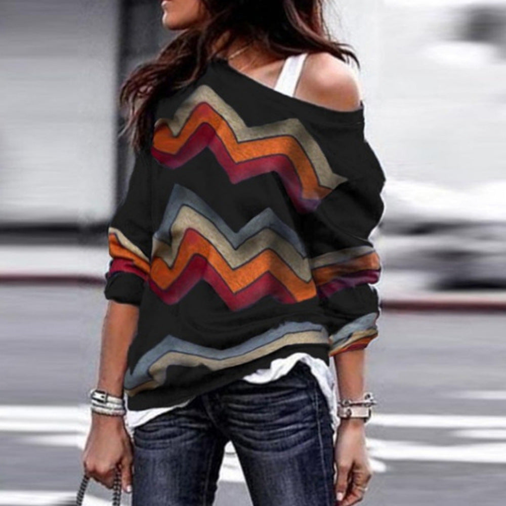 Off Shoulder Casual Long Sleeve Geometric Print Ladies T-Shirt