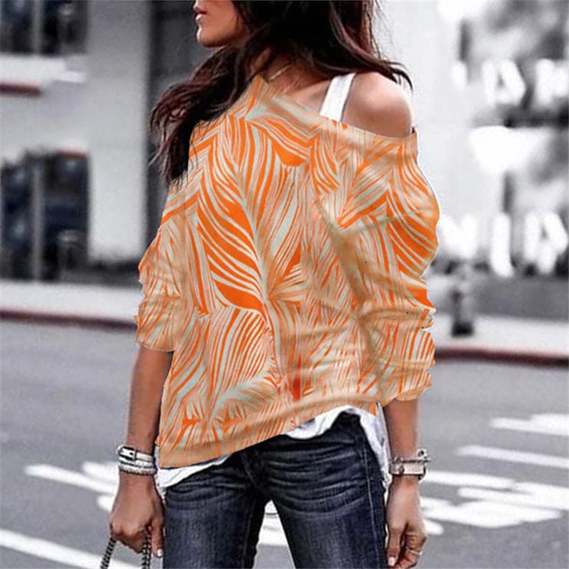 Off Shoulder Casual Long Sleeve Geometric Print Ladies T-Shirt