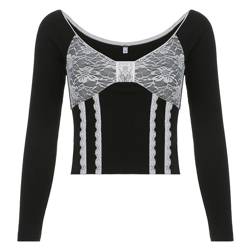 Lace-paneled V-neck Off-the-shoulder Long-sleeve Bottoming Top