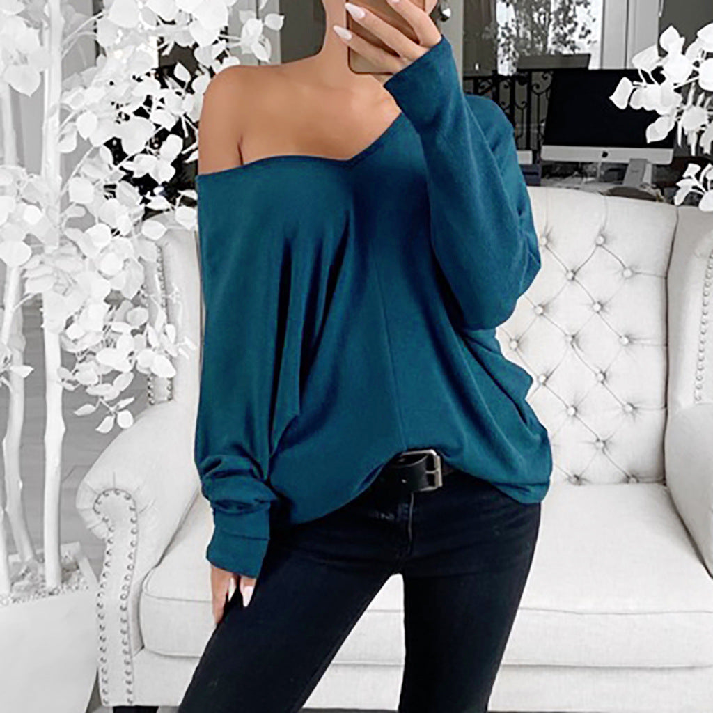 Simple big V-neck drop shoulder sleeve loose long-sleeved top