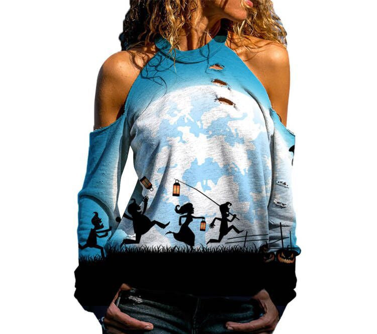 Halloween Off Shoulder Printed Top Womens Casual Loose Stitching Long Sleeved T Shirt