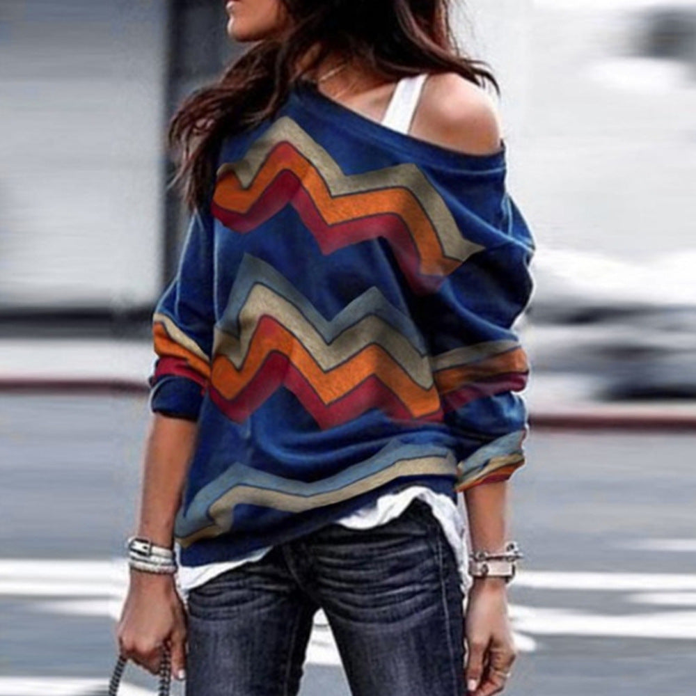 Off Shoulder Casual Long Sleeve Geometric Print Ladies T-Shirt