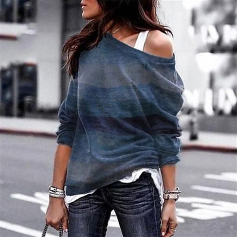 Off Shoulder Casual Long Sleeve Geometric Print Ladies T-Shirt