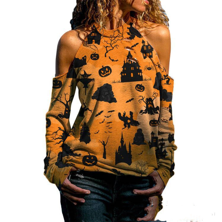 Halloween Off Shoulder Printed Top Womens Casual Loose Stitching Long Sleeved T Shirt