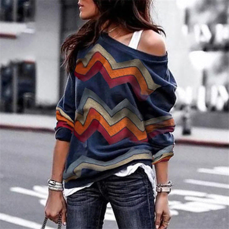 Off Shoulder Casual Long Sleeve Geometric Print Ladies T-Shirt