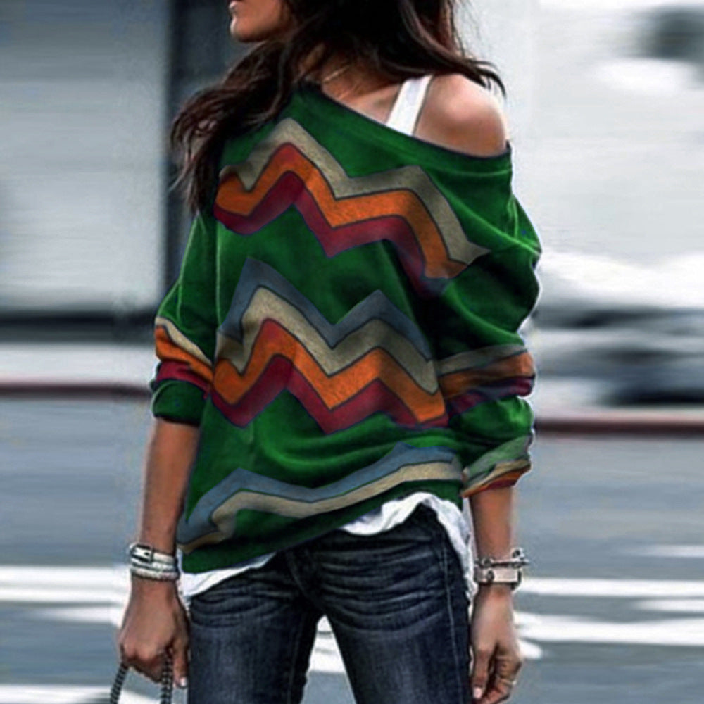 Off Shoulder Casual Long Sleeve Geometric Print Ladies T-Shirt