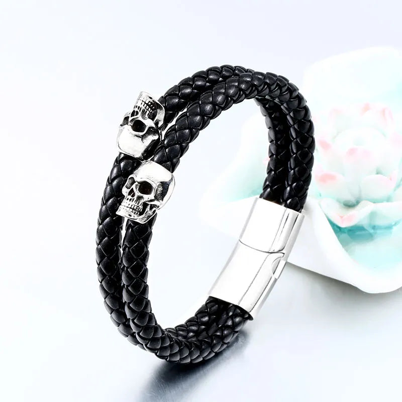 steel soldier stainless steel punk skull leather rope bracelet Multiple handchain bangle  exquisite jewelry