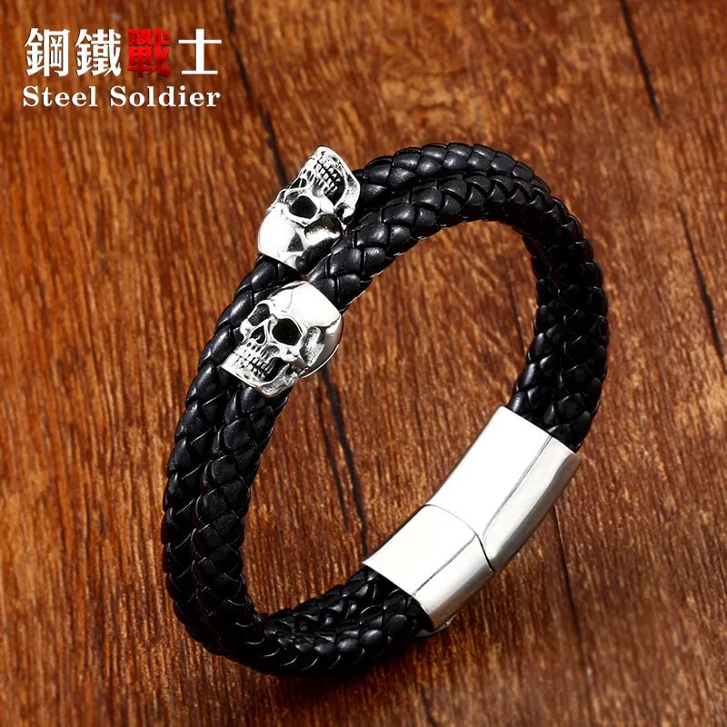 steel soldier stainless steel punk skull leather rope bracelet Multiple handchain bangle  exquisite jewelry