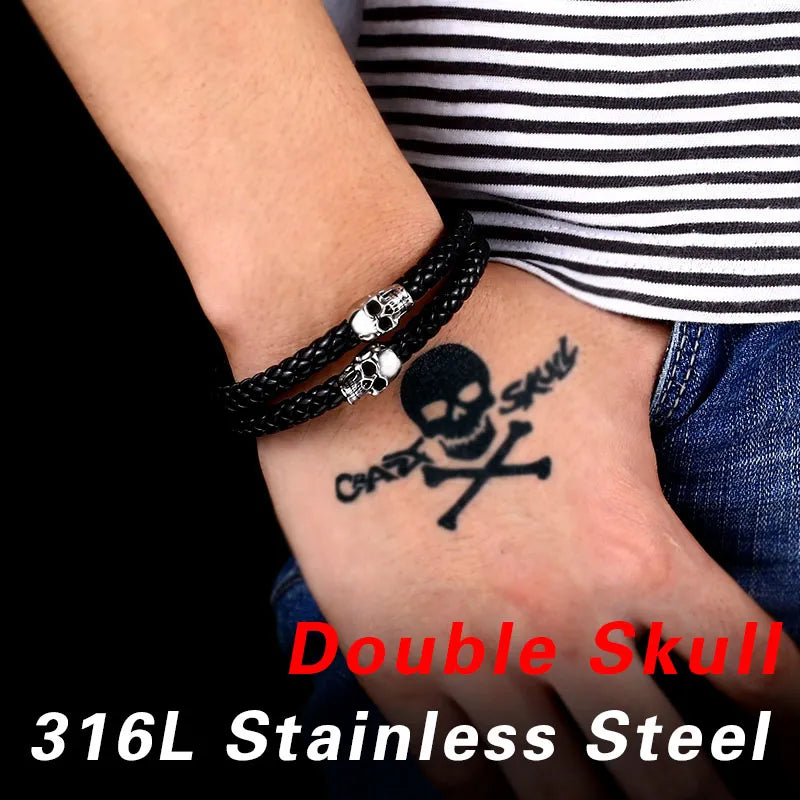 steel soldier stainless steel punk skull leather rope bracelet Multiple handchain bangle  exquisite jewelry