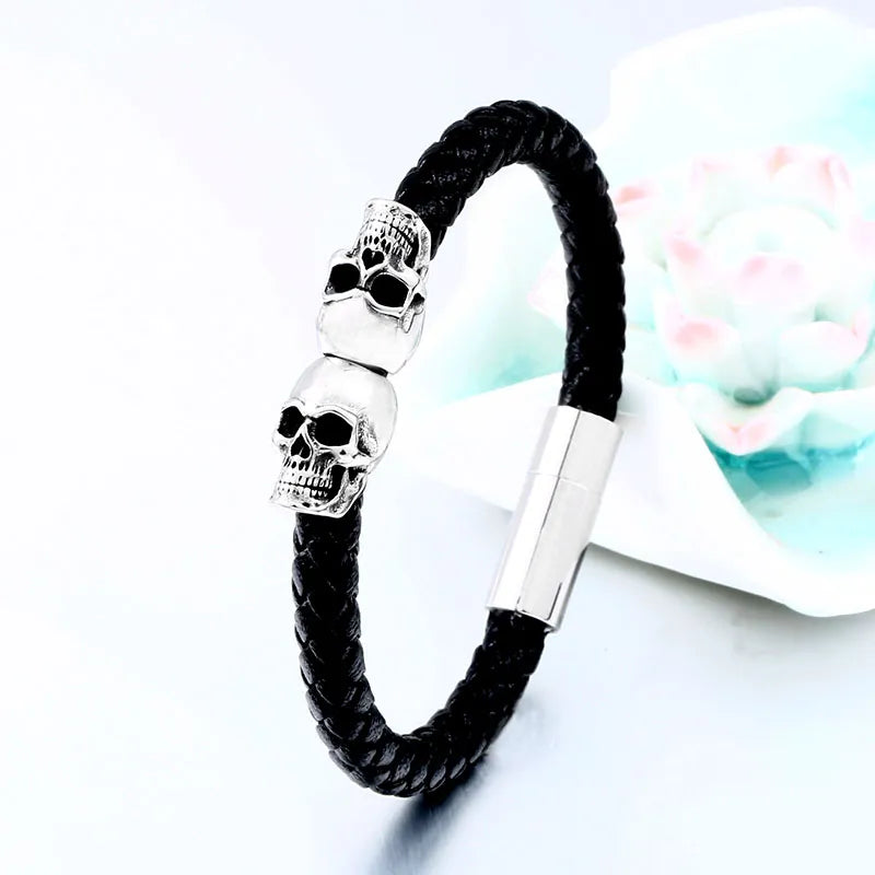 steel soldier stainless steel punk skull leather rope bracelet Multiple handchain bangle  exquisite jewelry