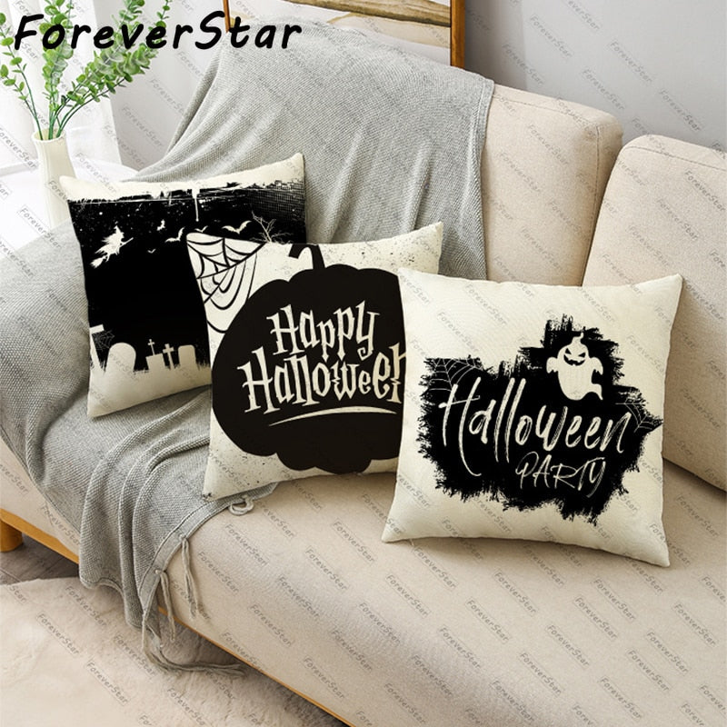 Black White Simple Halloween Series Pumpkin Skull Linen Throw  Decorative Cushion Cover For Sofa Living Room