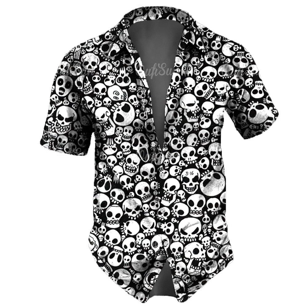 Retro Skull Lapel Horror Casual Button Hawaiian Shirt Short Sleeves