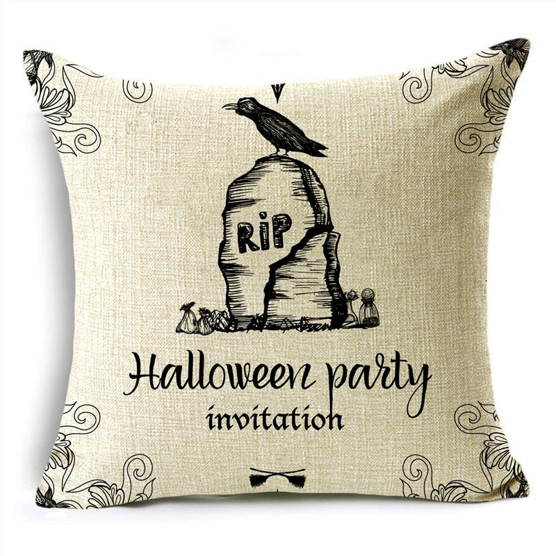 Black White Simple Halloween Series Pumpkin Skull Linen Throw  Decorative Cushion Cover For Sofa Living Room