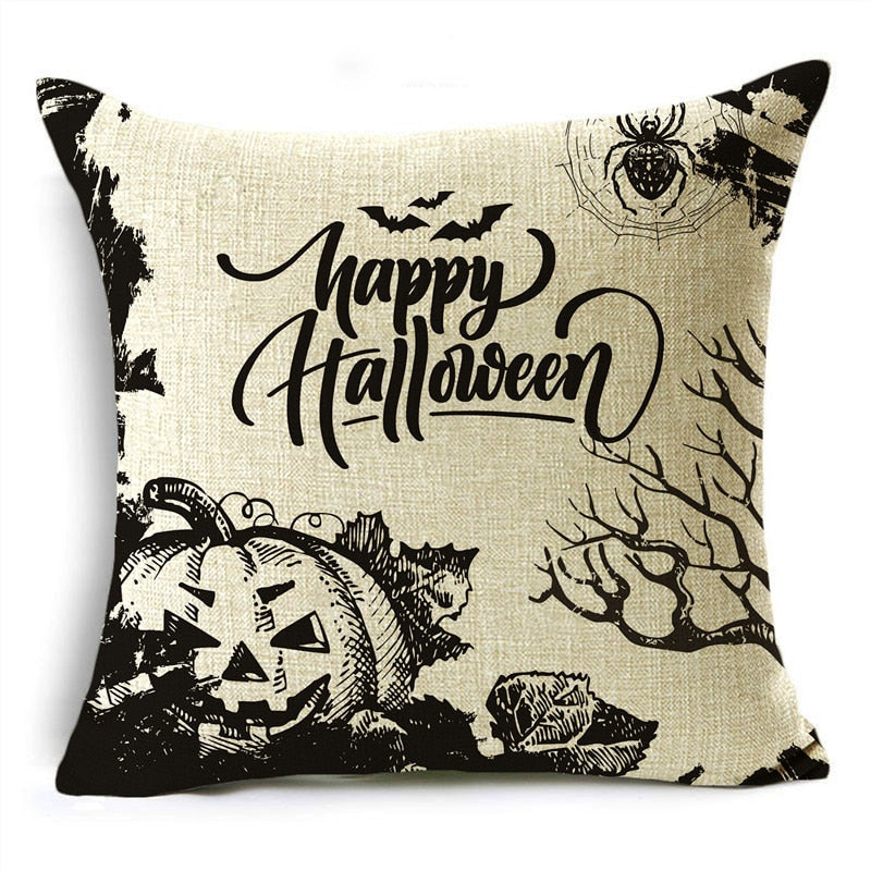 Black White Simple Halloween Series Pumpkin Skull Linen Throw  Decorative Cushion Cover For Sofa Living Room