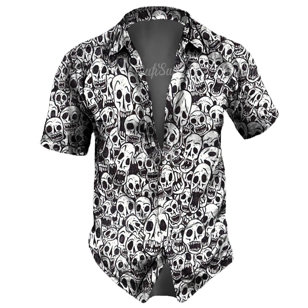 Retro Skull Lapel Horror Casual Button Hawaiian Shirt Short Sleeves