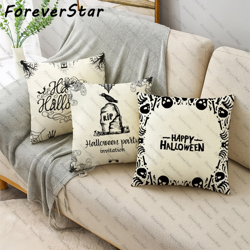 Black White Simple Halloween Series Pumpkin Skull Linen Throw  Decorative Cushion Cover For Sofa Living Room