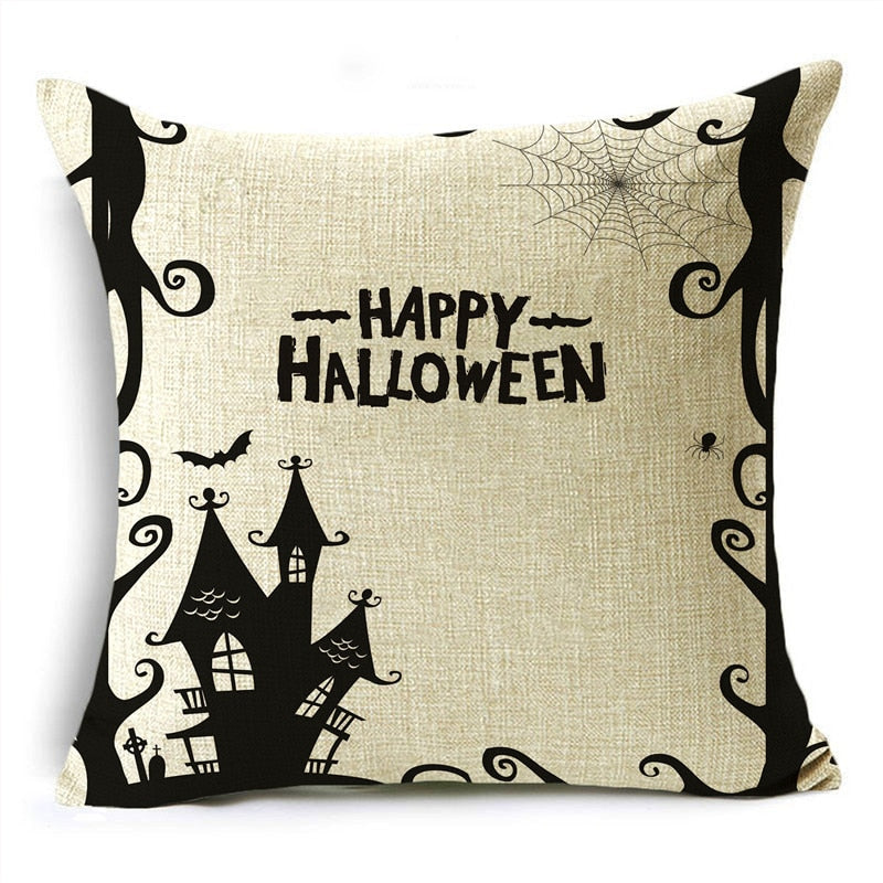 Black White Simple Halloween Series Pumpkin Skull Linen Throw  Decorative Cushion Cover For Sofa Living Room