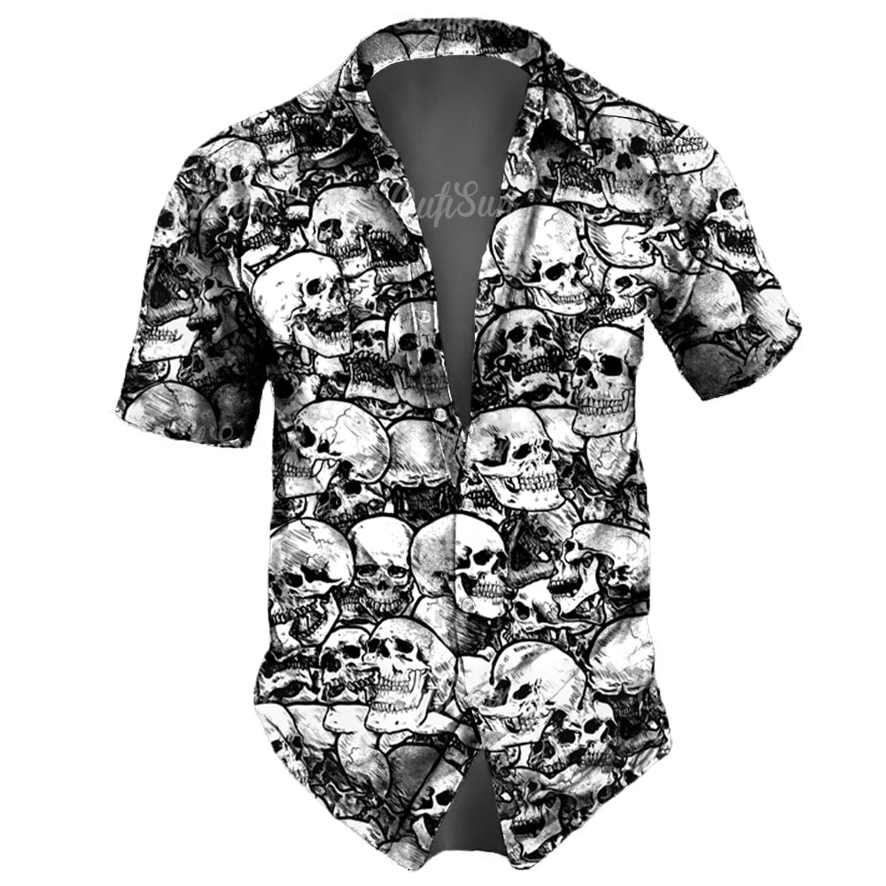 Retro Skull Lapel Horror Casual Button Hawaiian Shirt Short Sleeves