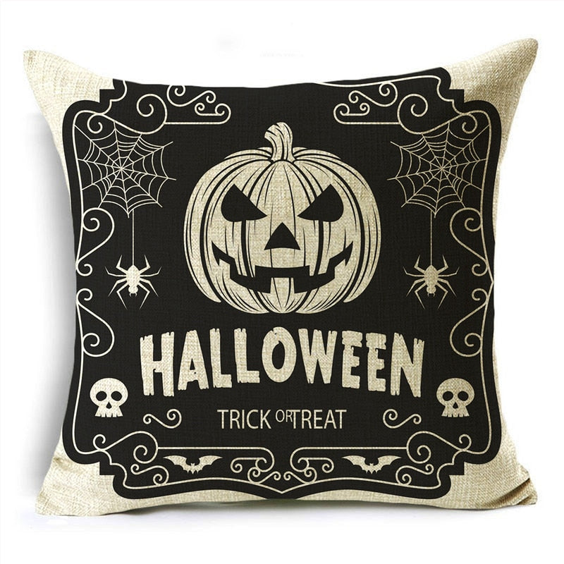 Black White Simple Halloween Series Pumpkin Skull Linen Throw  Decorative Cushion Cover For Sofa Living Room