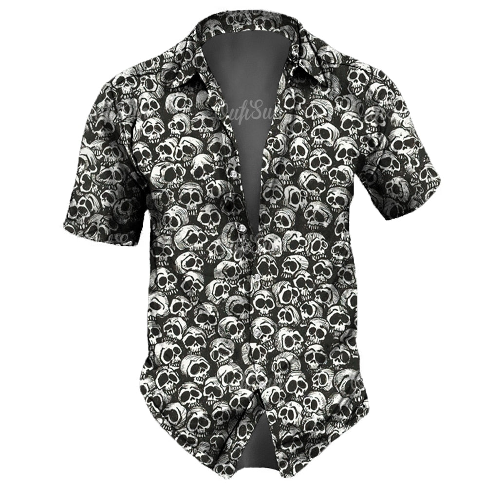 Retro Skull Lapel Horror Casual Button Hawaiian Shirt Short Sleeves