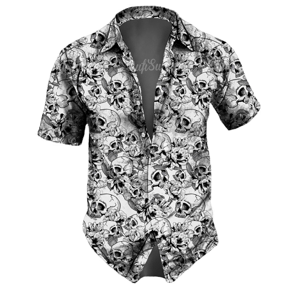 Retro Skull Lapel Horror Casual Button Hawaiian Shirt Short Sleeves