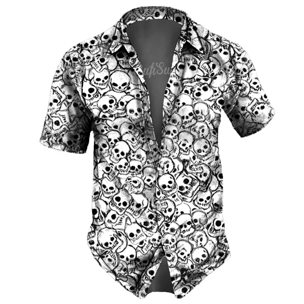 Retro Skull Lapel Horror Casual Button Hawaiian Shirt Short Sleeves