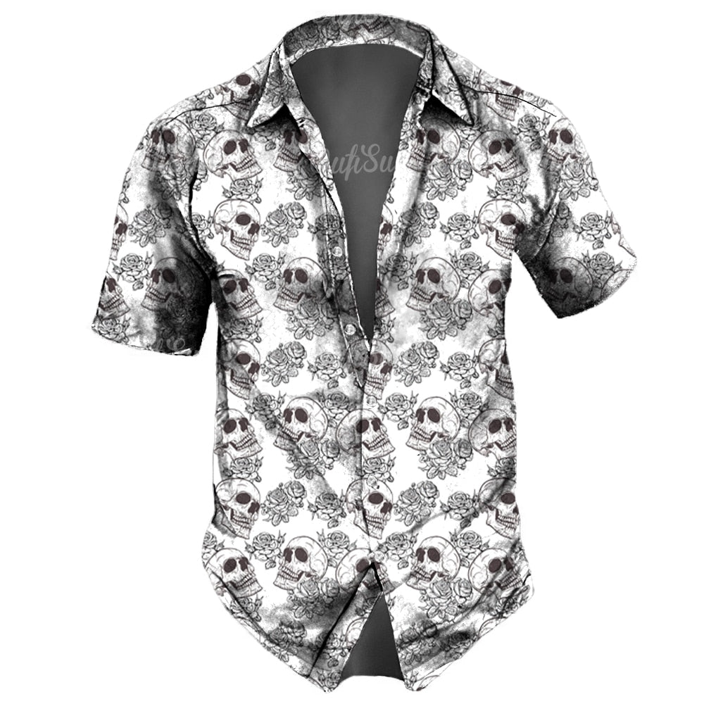 Retro Skull Lapel Horror Casual Button Hawaiian Shirt Short Sleeves