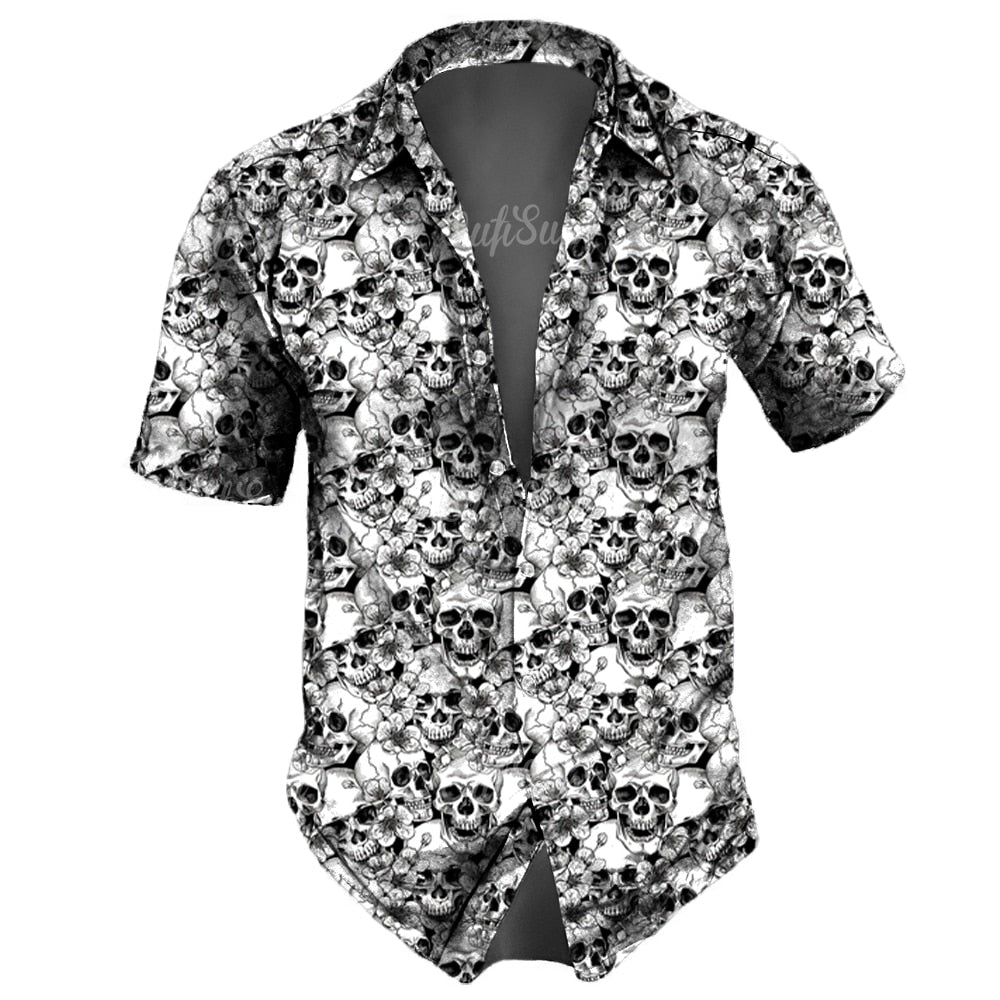 Retro Skull Lapel Horror Casual Button Hawaiian Shirt Short Sleeves