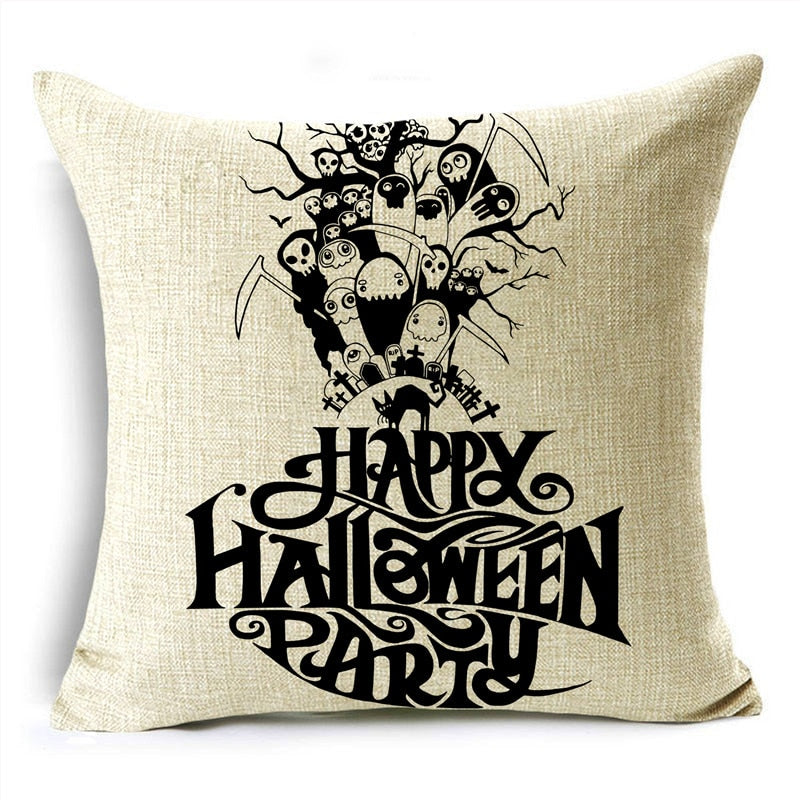 Black White Simple Halloween Series Pumpkin Skull Linen Throw  Decorative Cushion Cover For Sofa Living Room