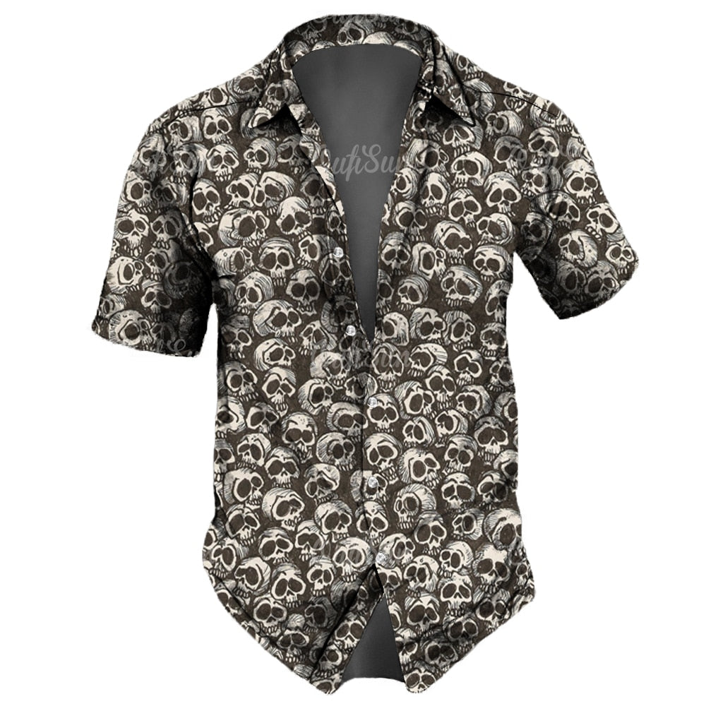 Retro Skull Lapel Horror Casual Button Hawaiian Shirt Short Sleeves