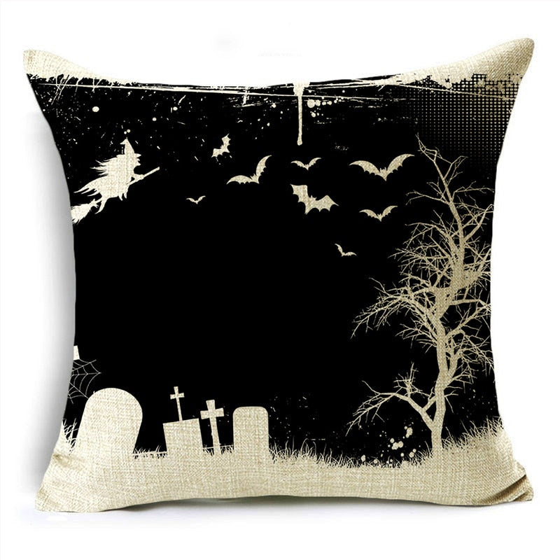 Black White Simple Halloween Series Pumpkin Skull Linen Throw  Decorative Cushion Cover For Sofa Living Room