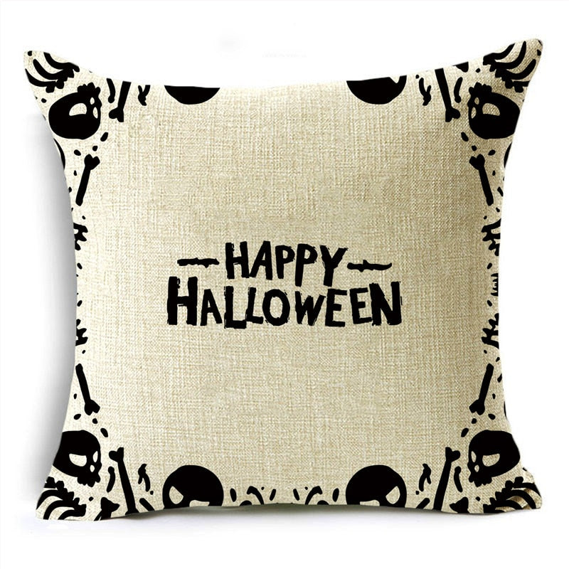 Black White Simple Halloween Series Pumpkin Skull Linen Throw  Decorative Cushion Cover For Sofa Living Room