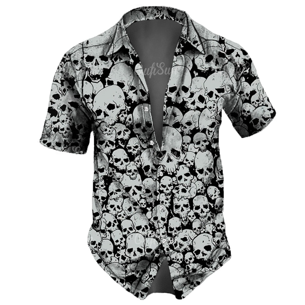 Retro Skull Lapel Horror Casual Button Hawaiian Shirt Short Sleeves