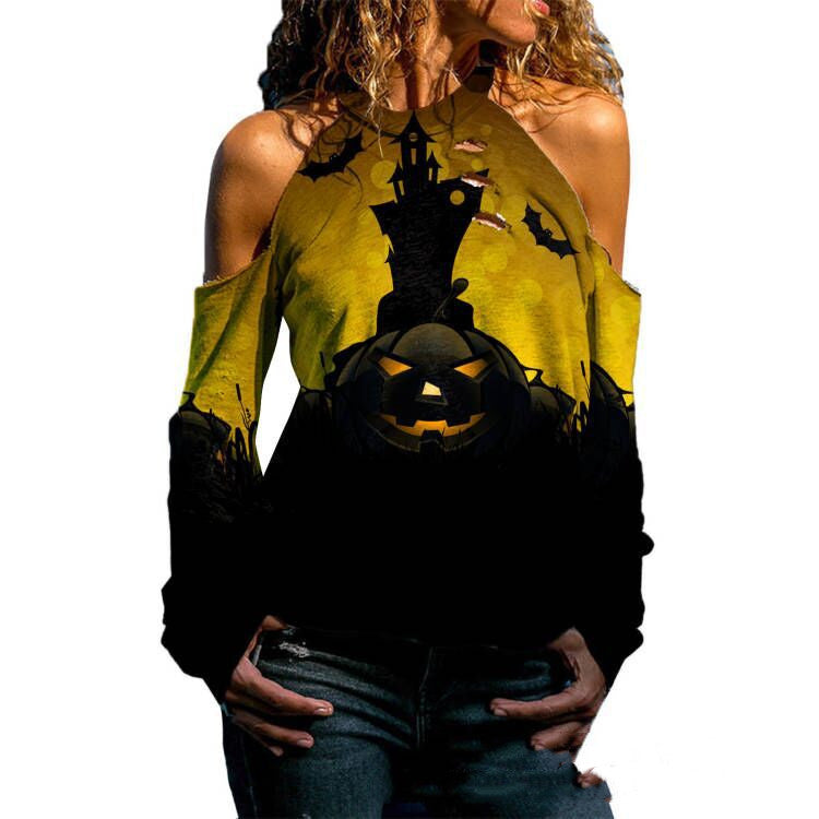 Halloween Off Shoulder Printed Top Womens Casual Loose Stitching Long Sleeved T Shirt