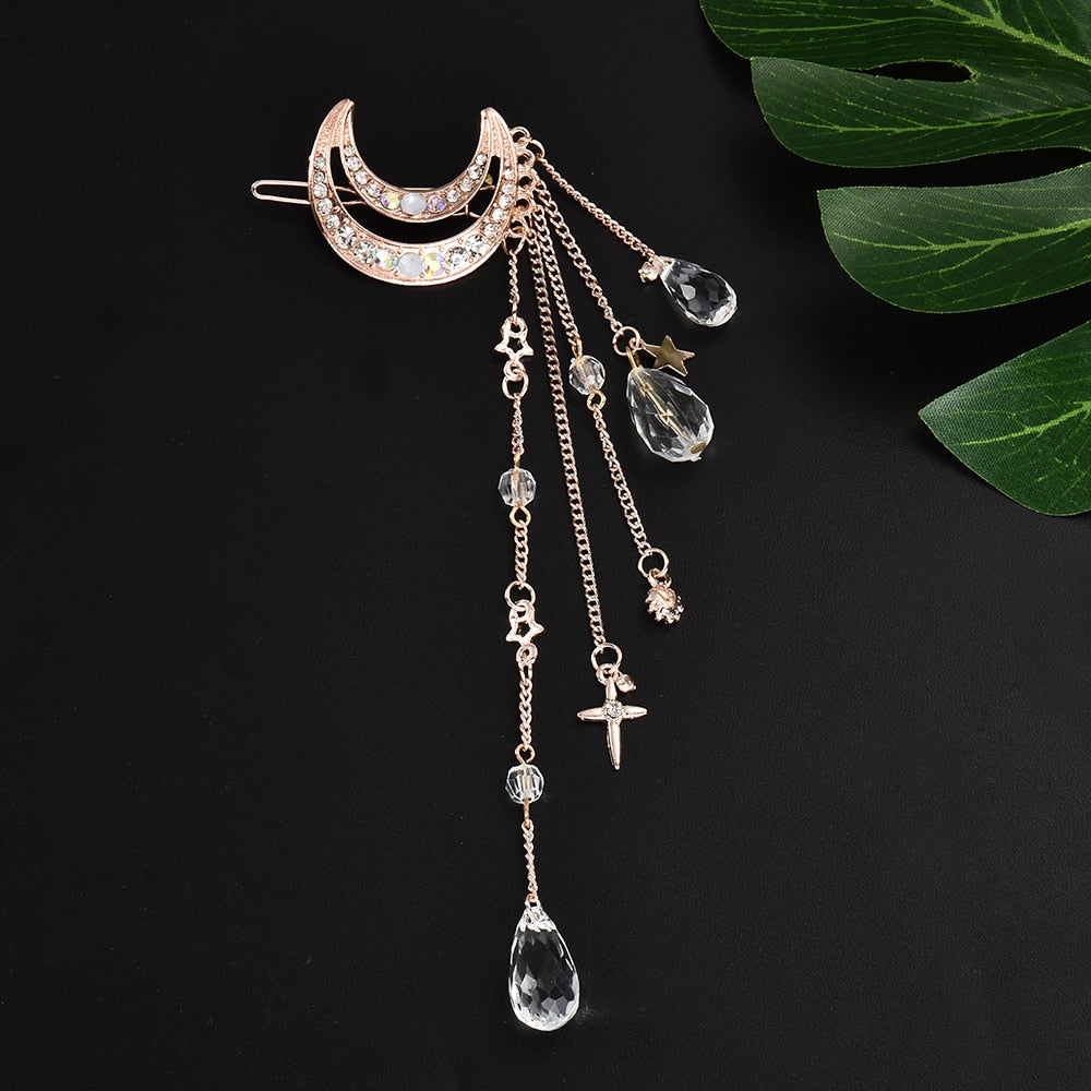 Elegant Moon Rhinestone Crystal Tassel Long Chain Beads Dangle Hairpin Hair Clip