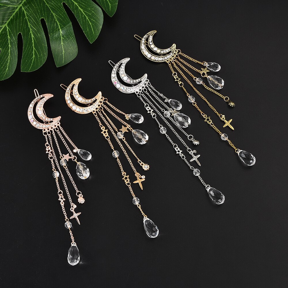 Elegant Moon Rhinestone Crystal Tassel Long Chain Beads Dangle Hairpin Hair Clip