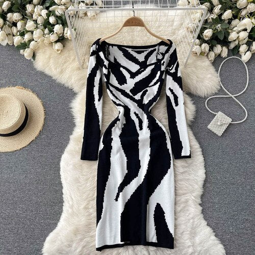 Abstract Colorful Tiger Print Knit Dress Sexy&nbsp; Stripe High Stretch Sweater Pencil sheath