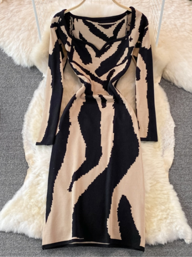 Abstract Colorful Tiger Print Knit Dress Sexy&nbsp; Stripe High Stretch Sweater Pencil sheath