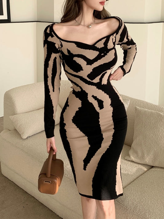 Abstract Colorful Tiger Print Knit Dress Sexy&nbsp; Stripe High Stretch Sweater Pencil sheath