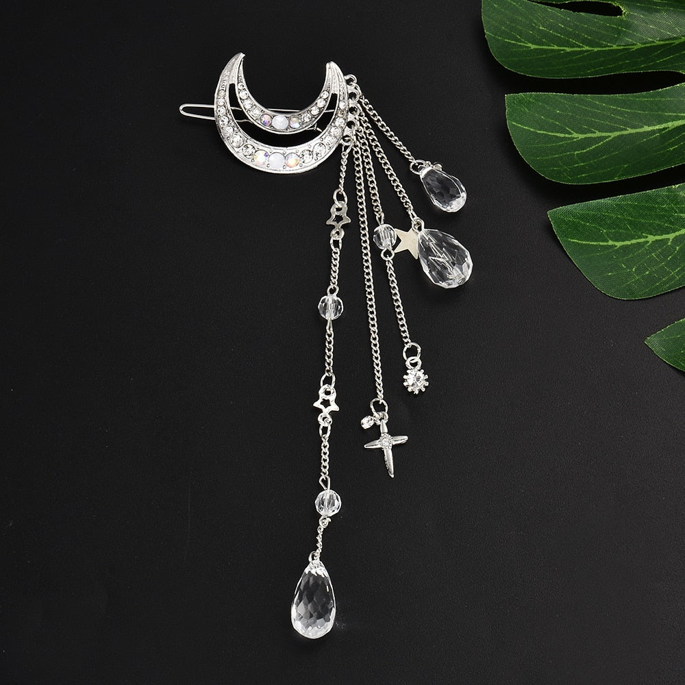 Elegant Moon Rhinestone Crystal Tassel Long Chain Beads Dangle Hairpin Hair Clip